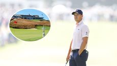 Main image of Jordan Spieth looking on during The Masters in 2026 and an inset image of the US Open trophy on the 18th green at Shinnecock Hills