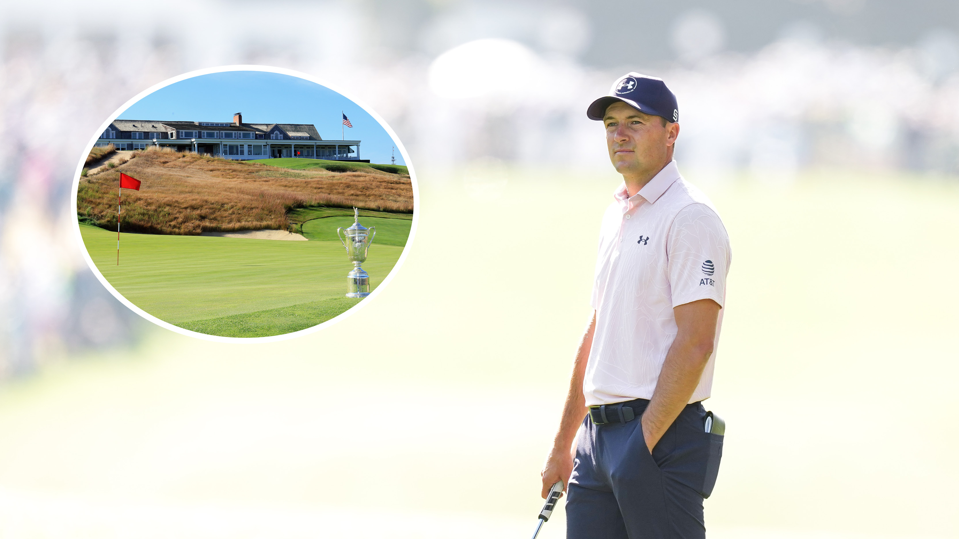 Main image of Jordan Spieth looking on during The Masters in 2026 and an inset image of the US Open trophy on the 18th green at Shinnecock Hills