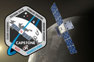 Artist's rendering and insigna representing the CAPSTONE mission in lunar orbit.