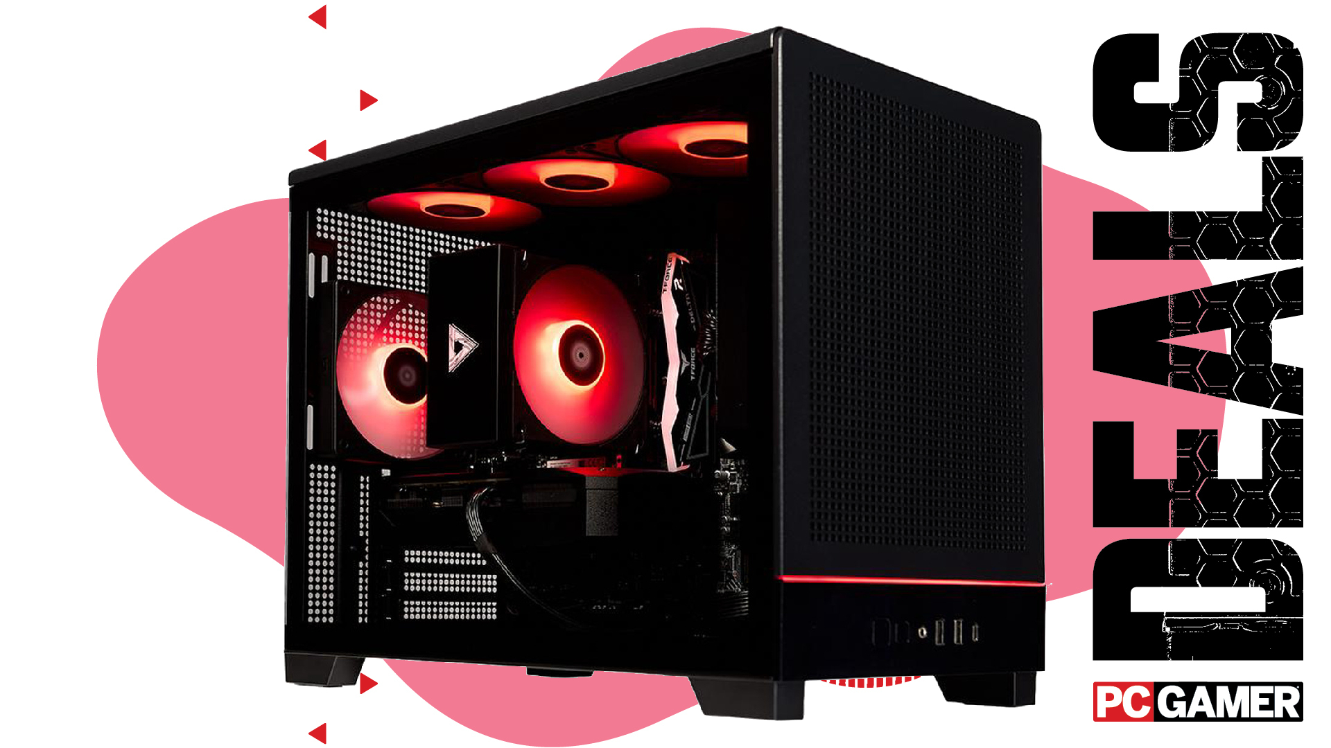 A Stormcraft Viper gaming PC on a custom PC Gamer Deals background.