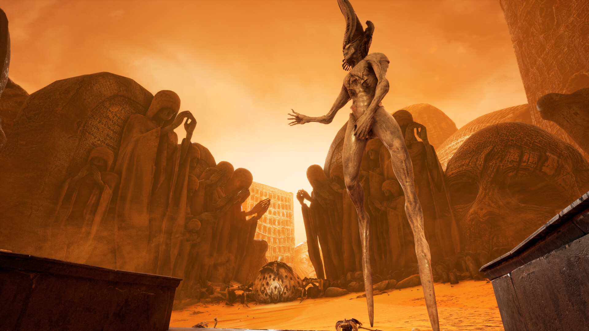 tall alien man beckons toward freaky desert city
