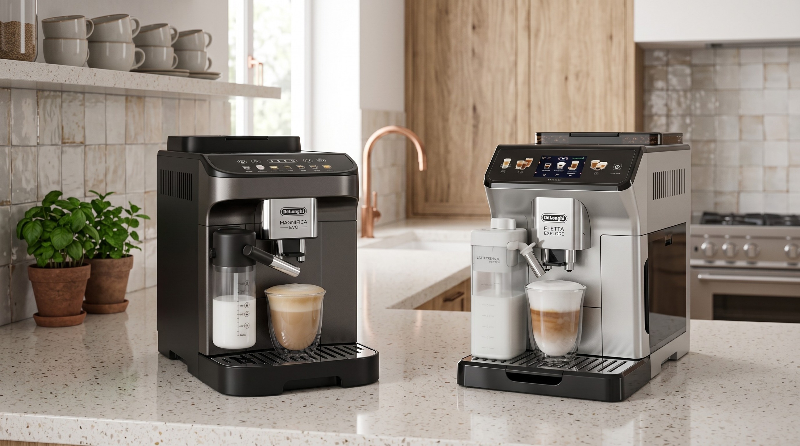 De'Longhi Magnifica Evo and De'Longhi Eletta Explore placed on a kitchen counter.