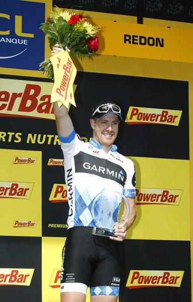 Tyler Farrar (Garmin-Cervelo) has won his first Tour de France stage and joins the elite selection of riders to have won stages in all three Grand Tours.