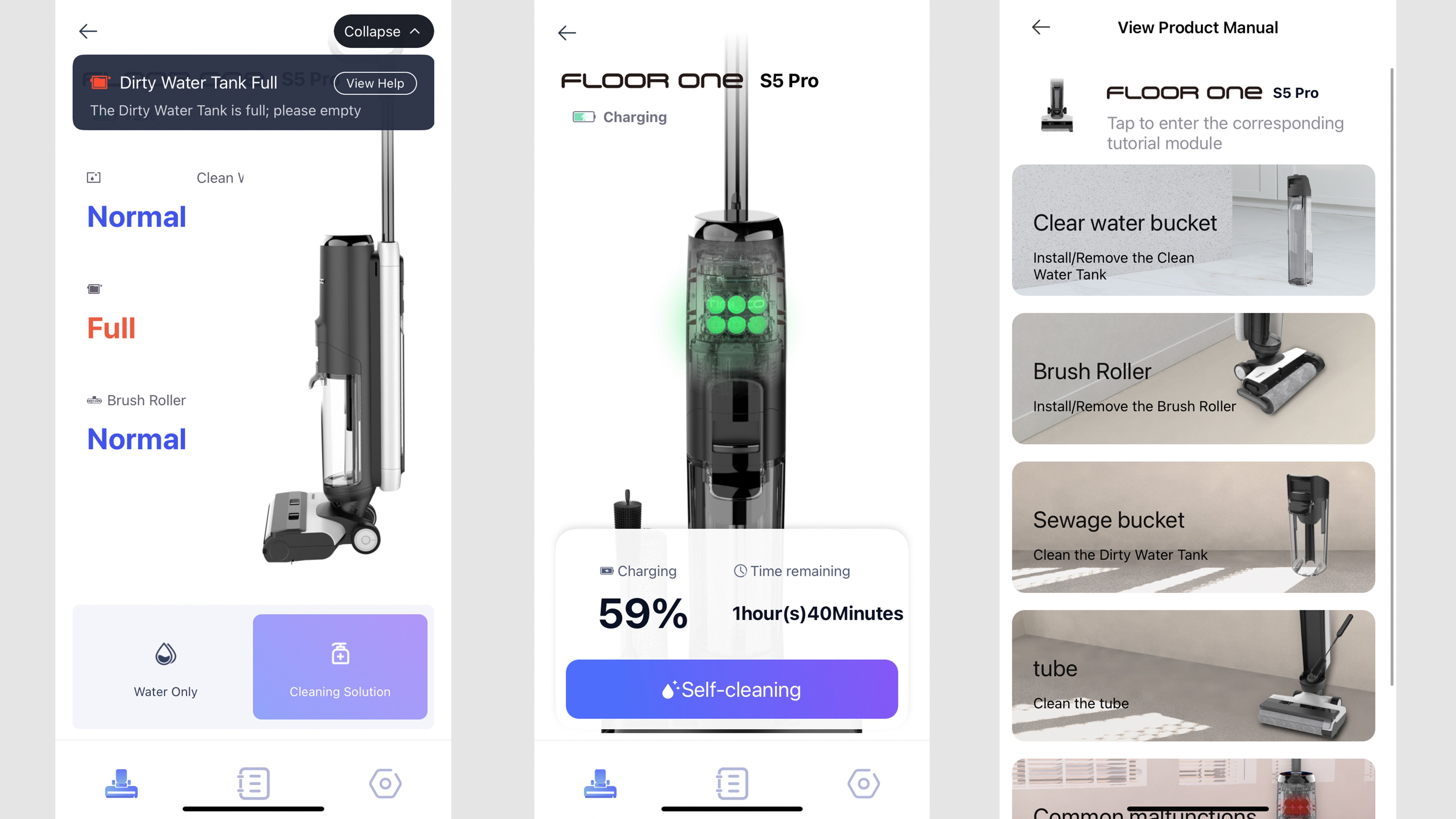 Three different screens for the Tineco Floor One S5 Pro vacuum, including the self cleaning routine and manuals.