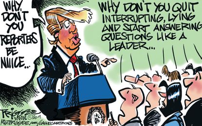 Political Cartoon U.S. Trump White House media reporters briefings lying