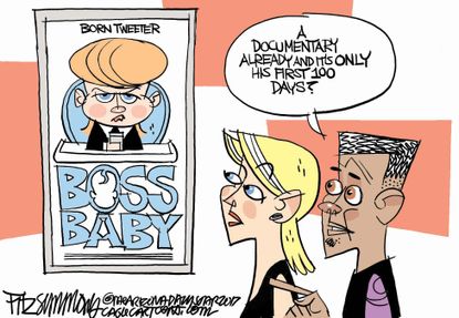 Political Cartoon U.S. President Trump First 100 days Boss Baby movie documentary
