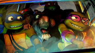 The characters driving a car during the movie, Teenage Mutant Ninja Turtles: Mutant Mayhem.