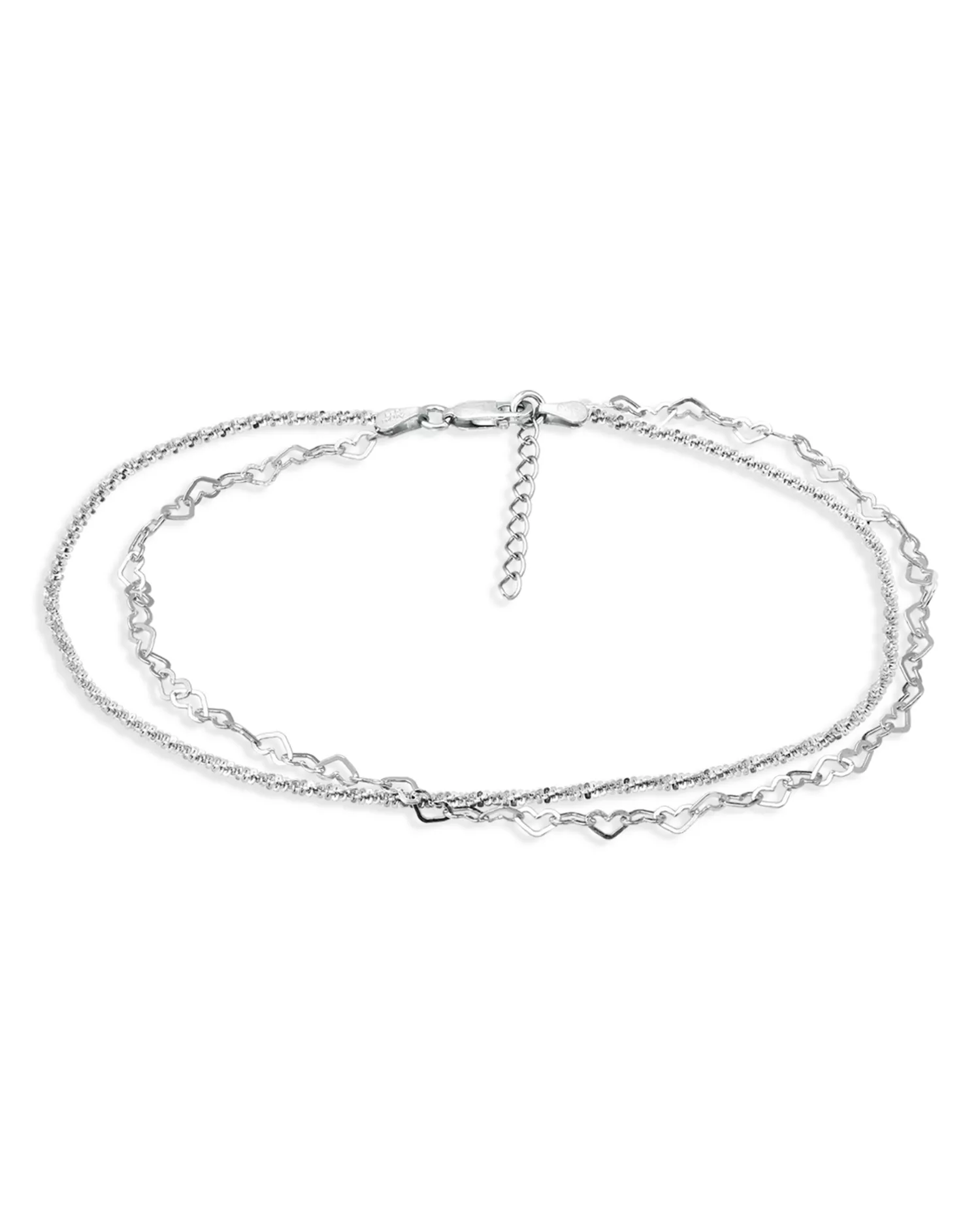 Double Row Heart Link &amp;amp; Diamond Cut Rope Chain Ankle Bracelet in Sterling Silver - Exclusive