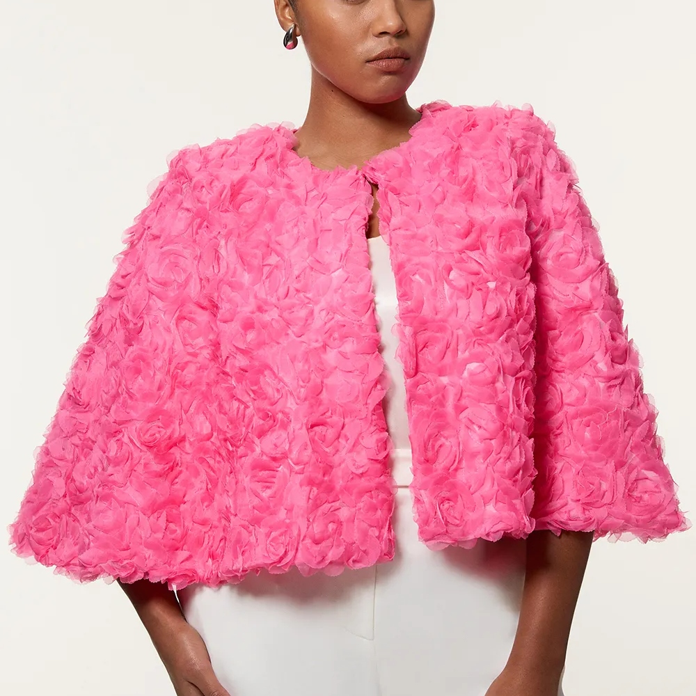 KarenMillen, Plus Size Textured Rosette Woven Cropped Cape