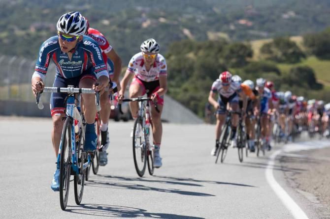 Logan Loader (Cash Call Mortgage) leads the field over the top of the climb on lap two of the final stage of the Sea Otter Classic stage race.