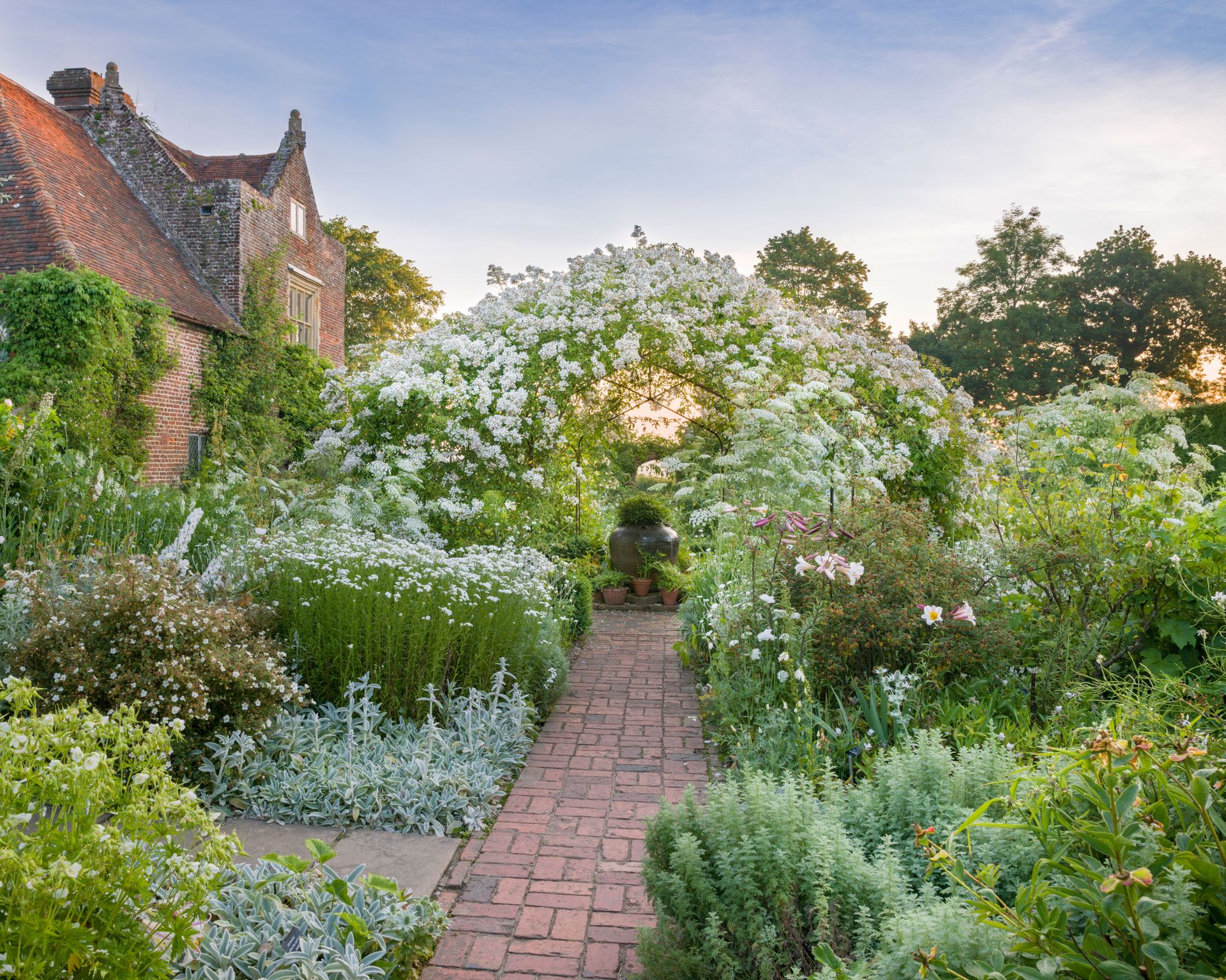 white roses over arbour in the white garden at Sissinghurst