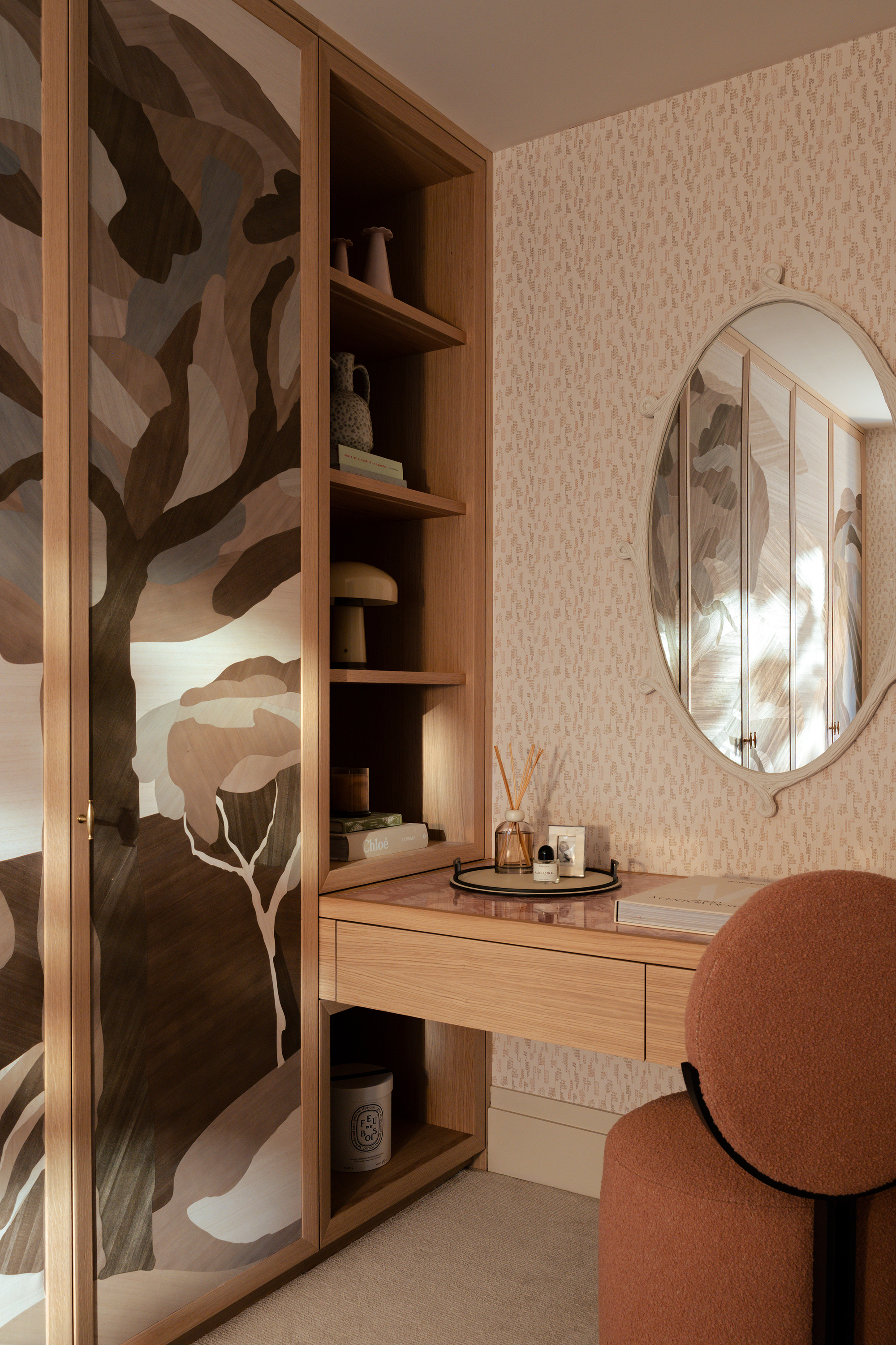 dressing room with marquetry on the wardrobe panels