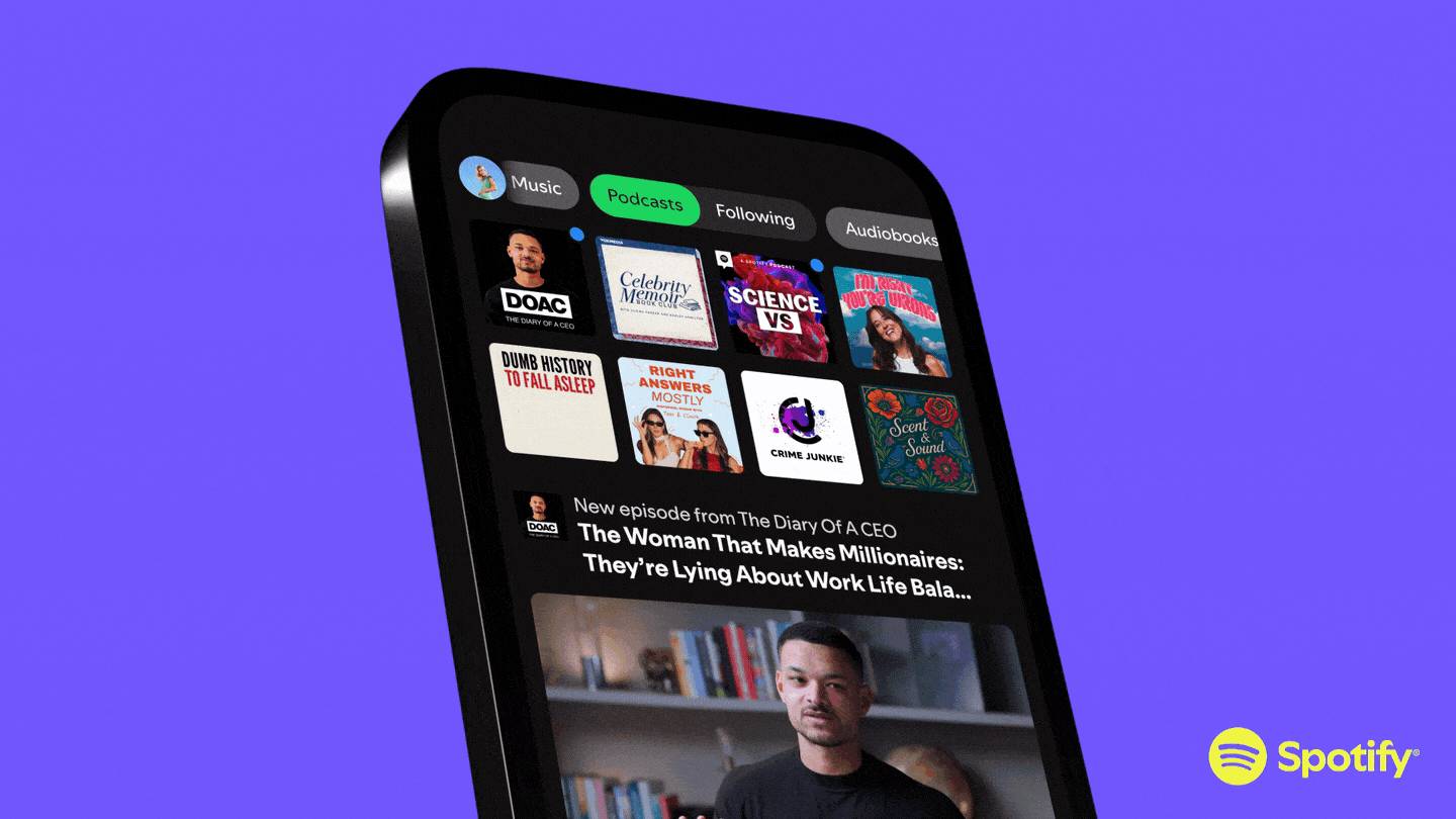 The Spotify home page with the new Following tab for podcasts