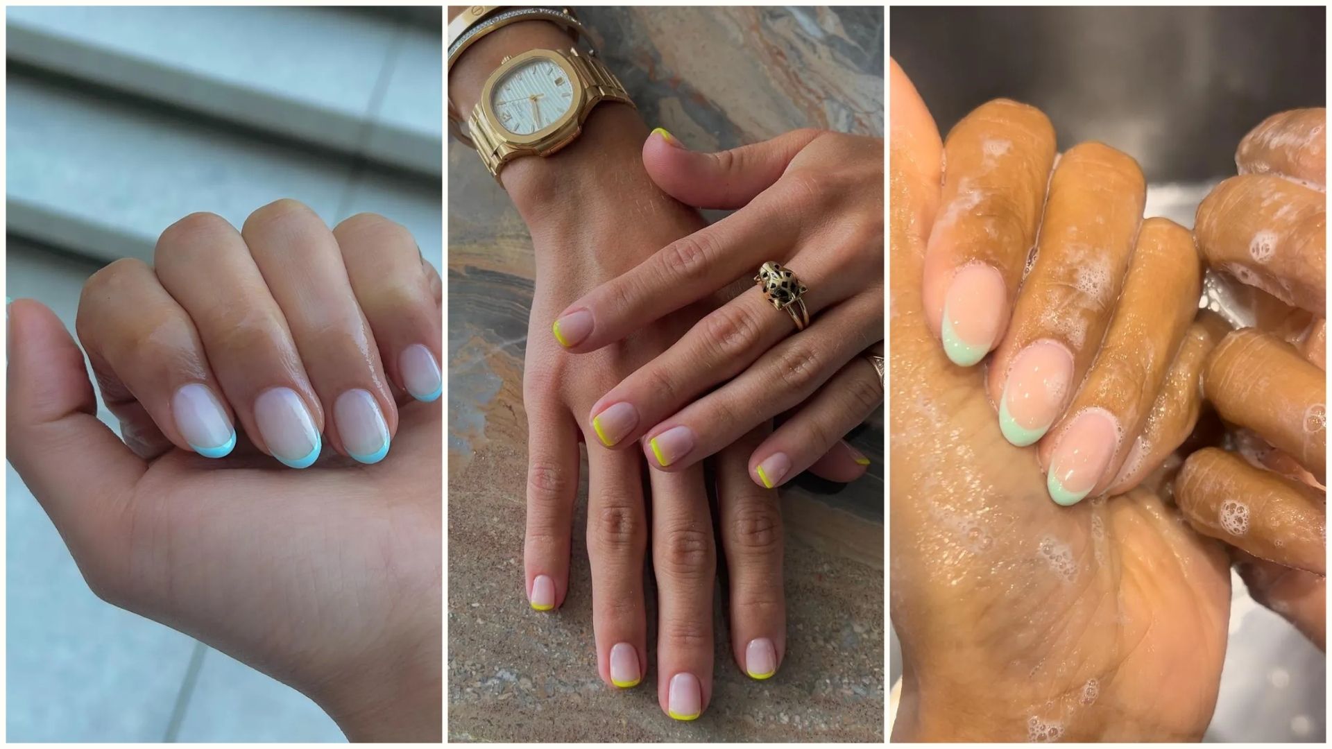 A collage of colourful French tip nails