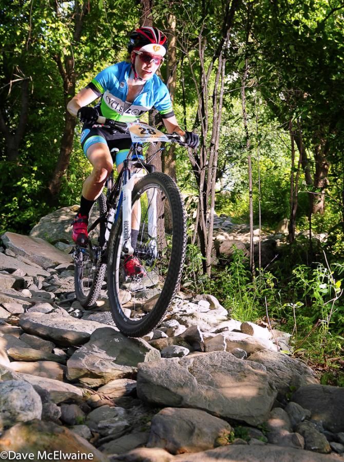 Mo Bruno-Roy (Cycle Loft) riding over the rock garden