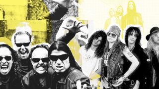 A montage of members of guns n roses, metallica and nirvana on a colourful background