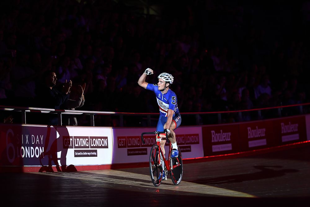 Stephen Burke of Great Britain celebrates winning the Team Elimination race during day one of the London Six Day