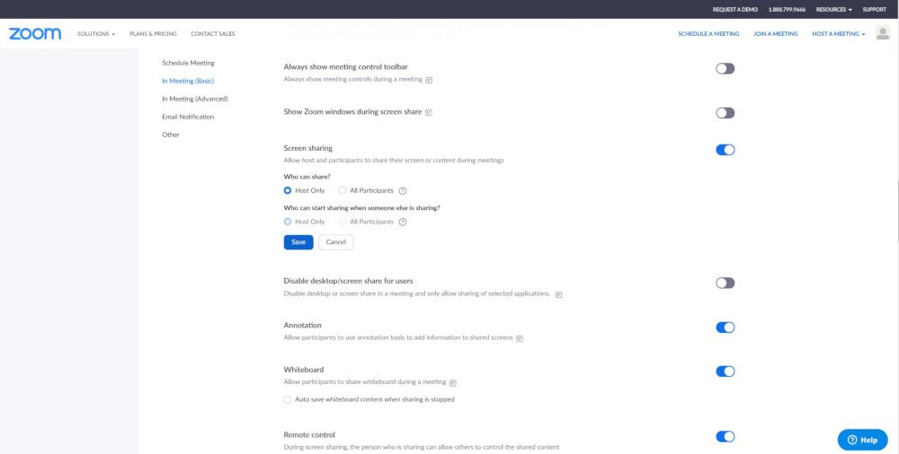 Zoom host only screen sharing option