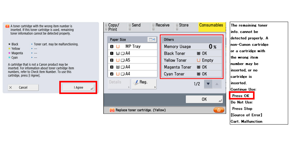 Canon toner dialogs