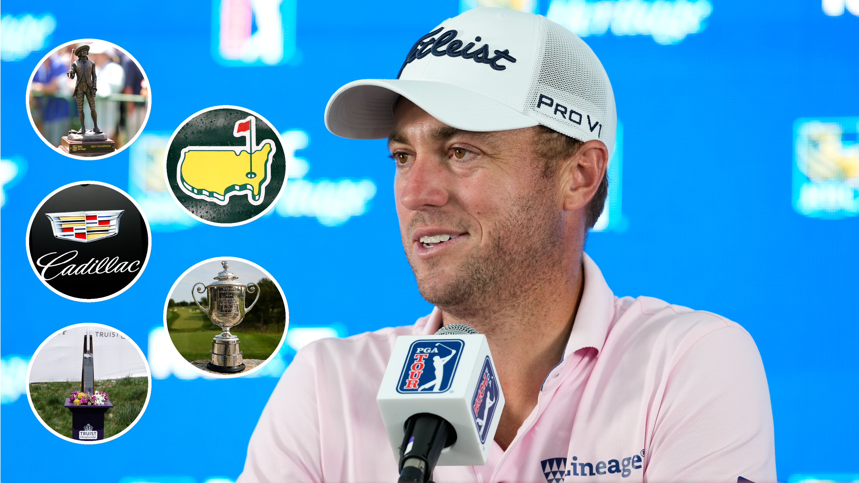 Justin Thomas chats in a press conference, with different Majors and Signature Event logos