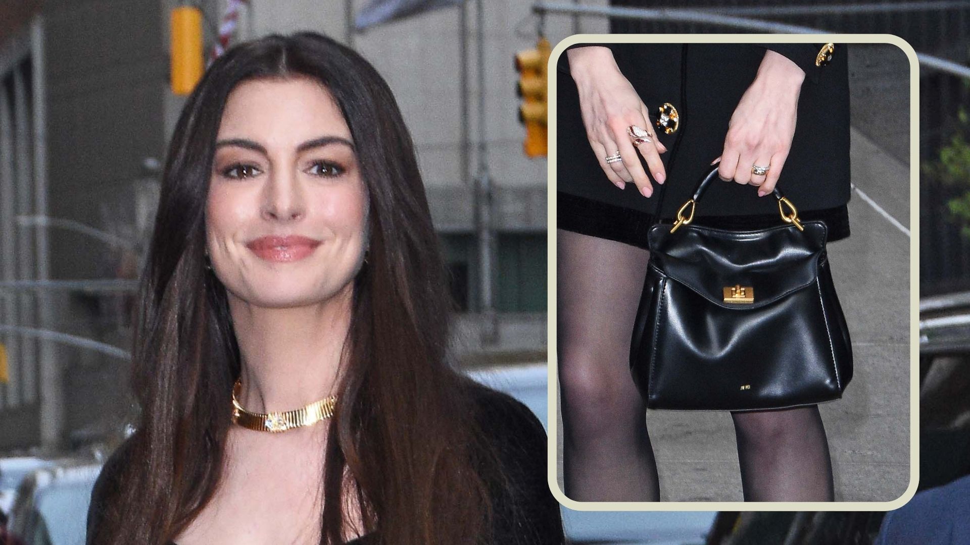 Anne Hathaway carrying JW PEI handbag from Amazon on April 15, 2026 in New York City