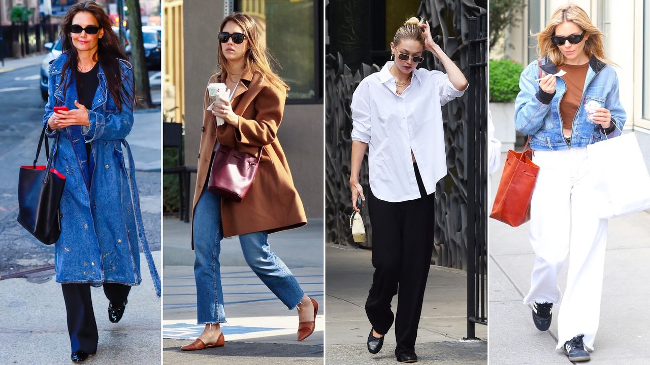 Split image of katie holmes, jessica alba, gigi hadid, and sienna miller wearing mansur gavriel