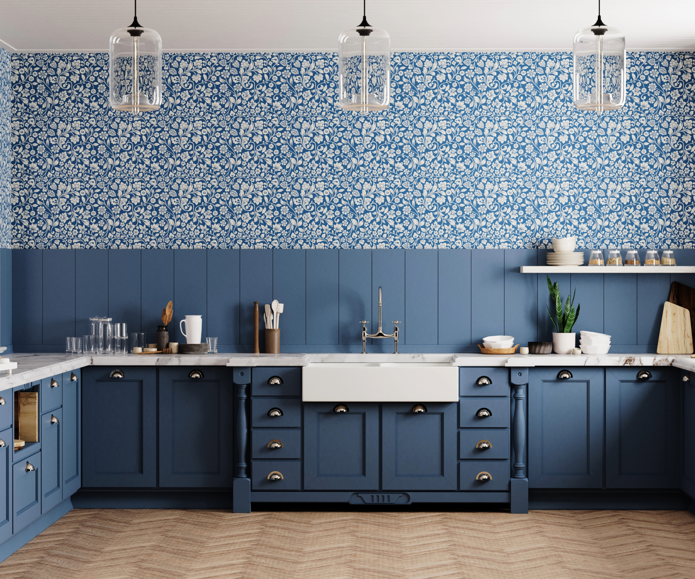 Blue kitchen with blue cabinets, splashback and wallpaper