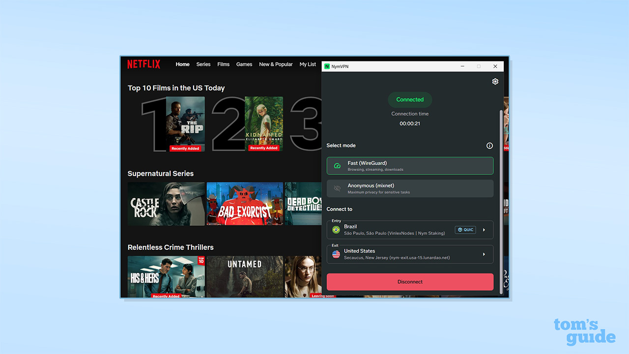 NymVPN connected to Netflix using a US server