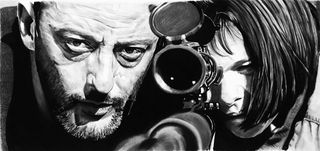 Realistic pencil drawing of Jean Reno and Natalie Portman taking aim with a sniper rifle