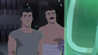An injured Mark and Nolan looking at Oliver's stasis tank in Invincible season 4 episode 7