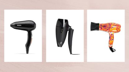 Collage of three of the best travel hair dryers included in this guide from BaByliss, ghd and Amika, on a dusky pink watercolour background