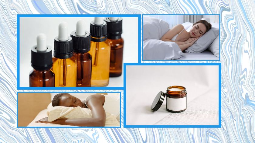 A four-piece collage of sleeping women, essential oils, and a candle pasted on to a blue marble background. 