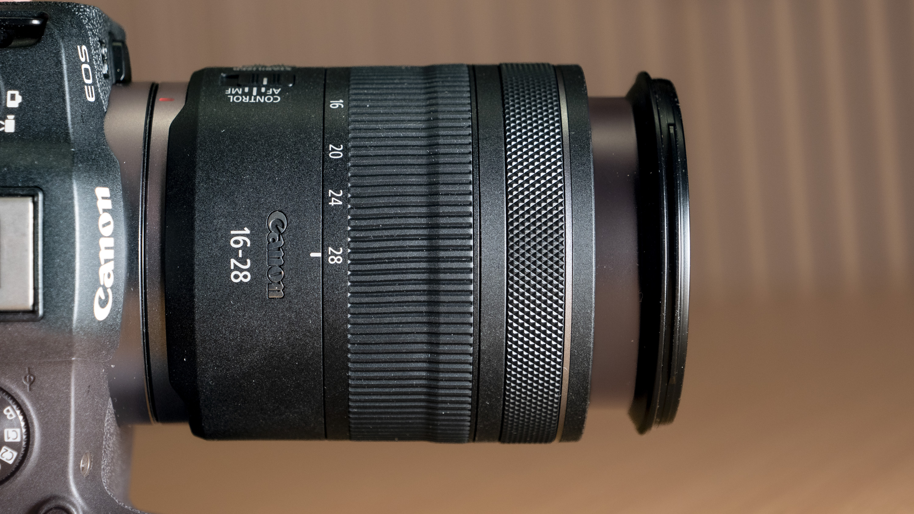 Canon RF 16-28mm F2.8 IS STM lens extended to its 28mm setting.