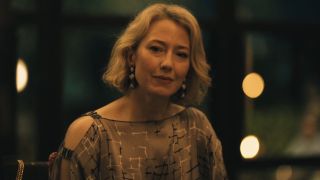 Carrie Coon looking emotional in the Season 3 finale dinner