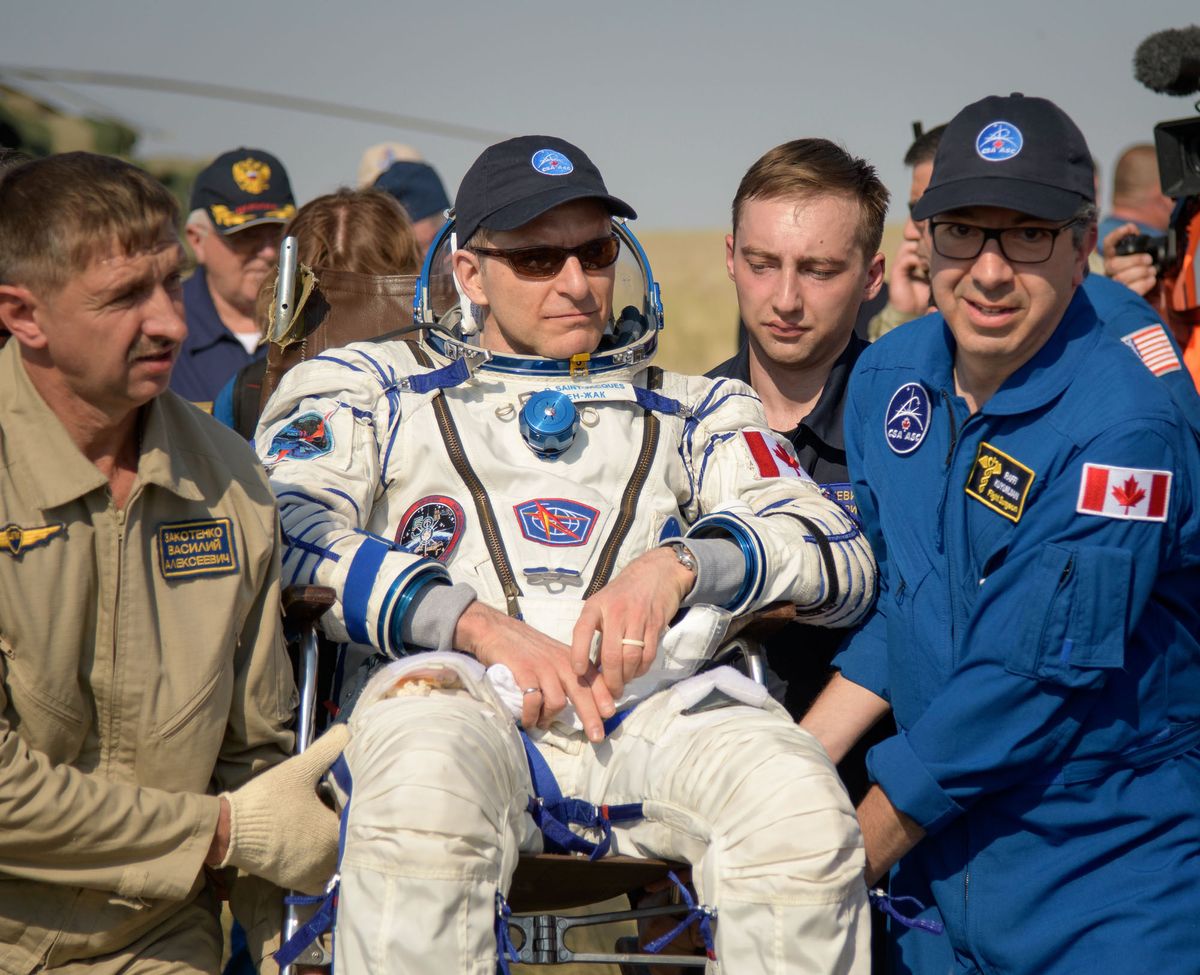 Canadian astronaut David Saint-Jacques minutes after landing in Kazakhstan on June 24 at the end of a six-month mission.