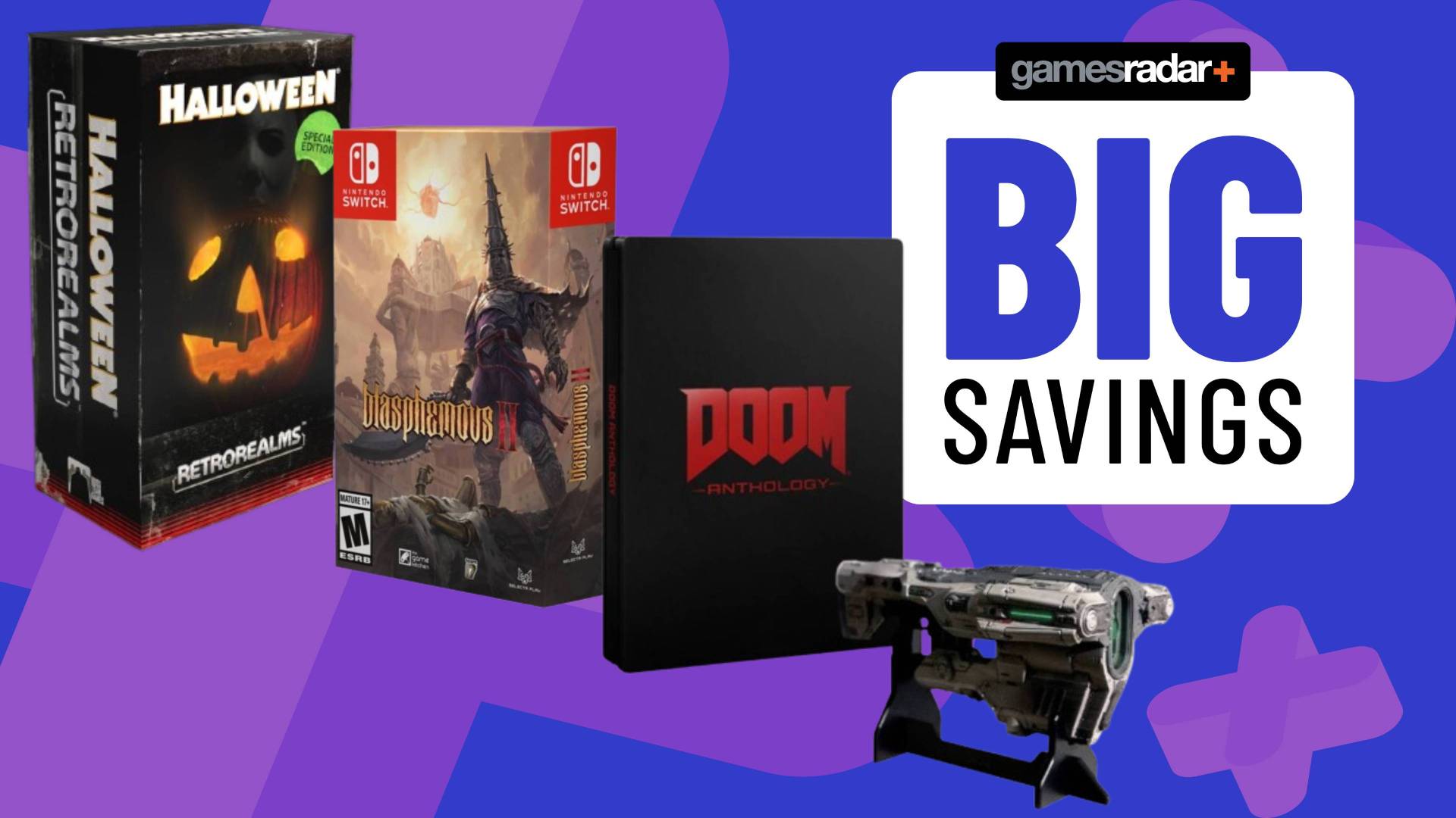 Images of collector's editions of games on a blue GamesRadar+ background.