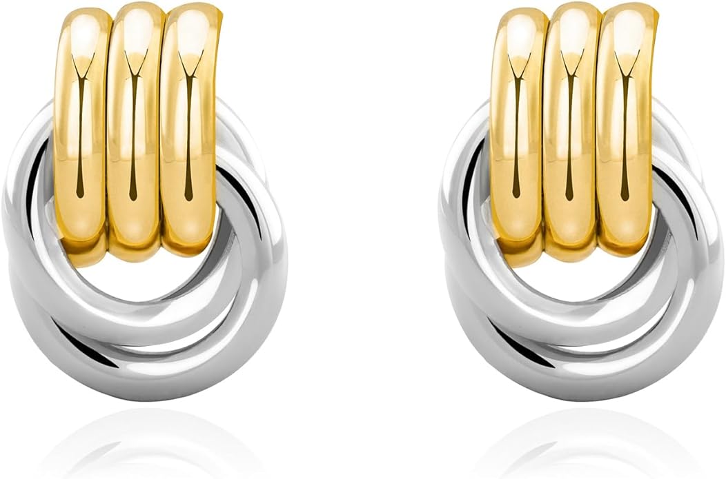 NIXMAX, Nixmax Chunky Small Knot Earrings Two Tone Geometric Earrings for Women Dainty 14k Gold and Silver Plated Dangle Drop Earrings Hypoallergenic Lightweight Fashion Trendy Jewelry (double,mixed Metal)