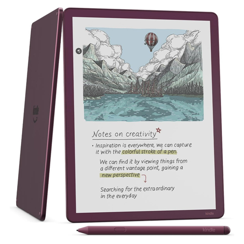 Kindle Scribe Colorsoft render showing back and front with stylus