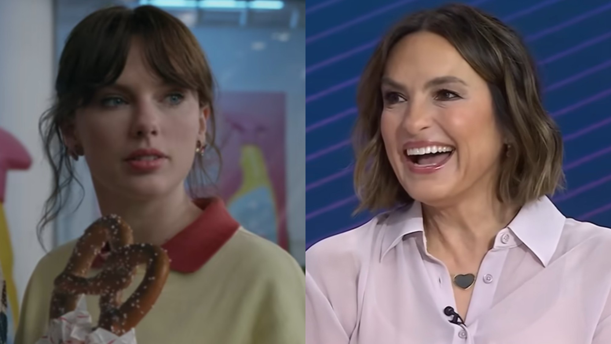 From left to right: Taylor Swift holding a pretzel in Opalite and Mariska Hargitay smiling on the Today Show. 