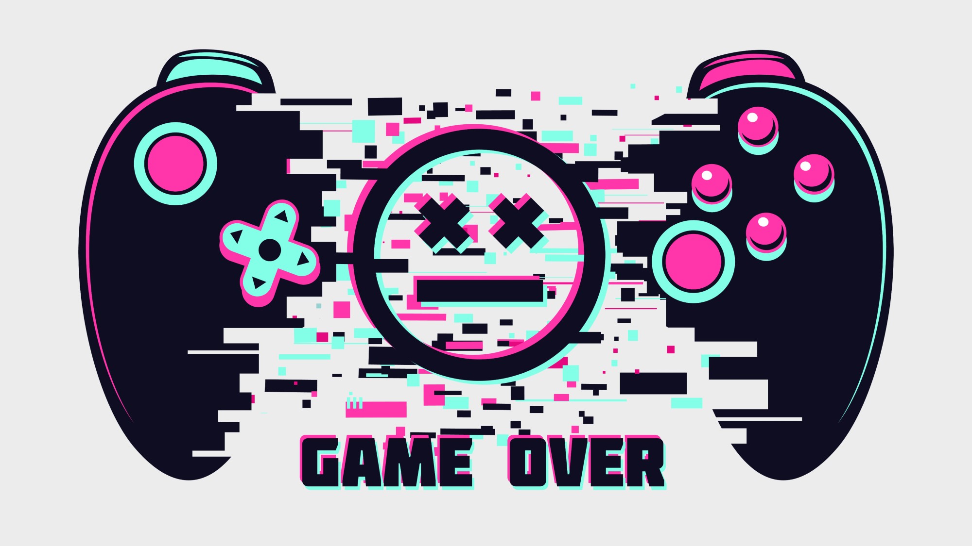 Video game gamepad with glitch effect with game over text underneath