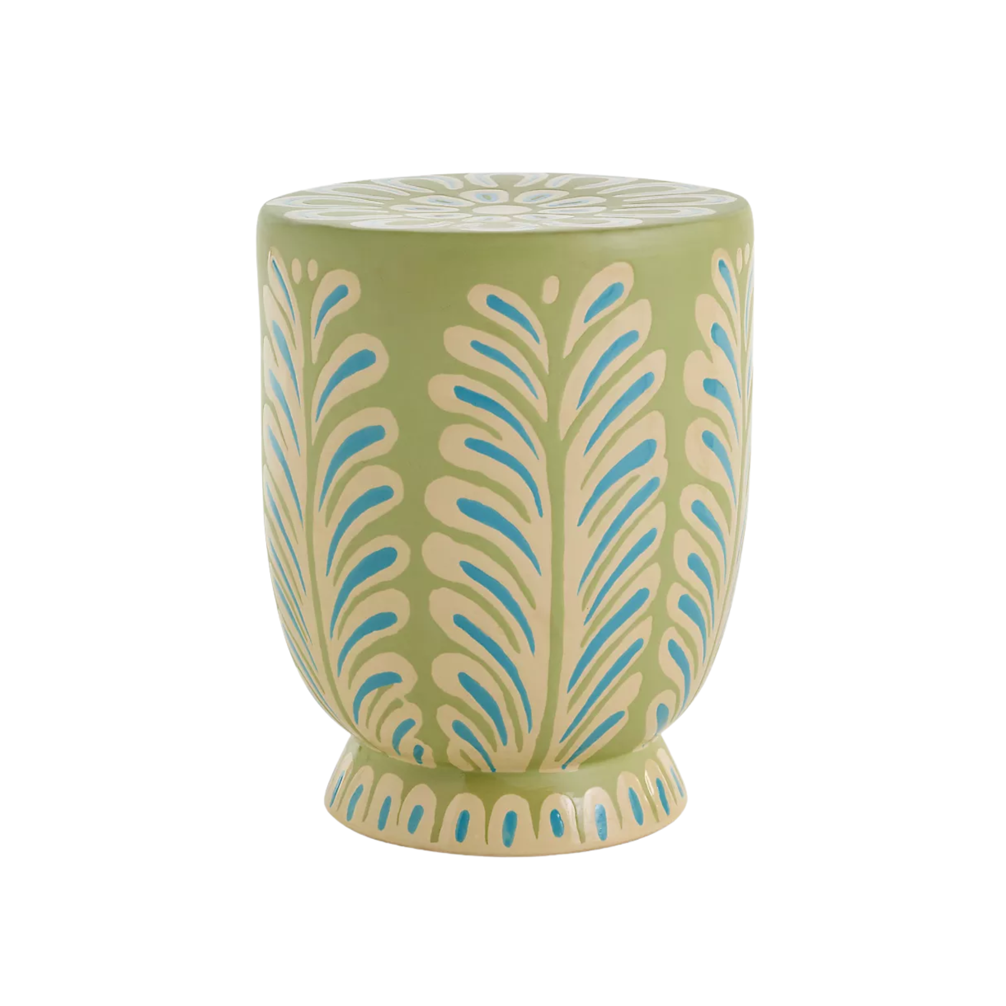 a green side table with leaf motifs