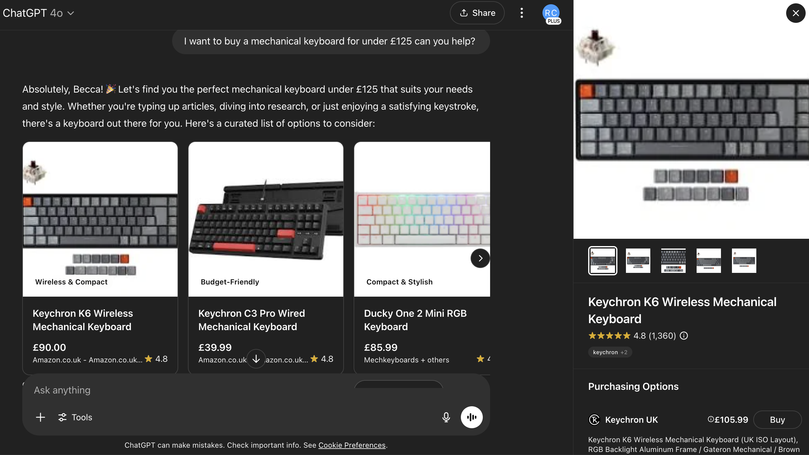 A screenshot of what shopping looks like in ChatGPT