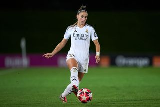 Athenea del Castillo of Real Madrid CF passing the ball during the UEFA Women's Champions League match between Real Madrid CF and Celtic FC at Estadio Alfredo Di Stefano on October 17, 2024 in Madrid, Spain.