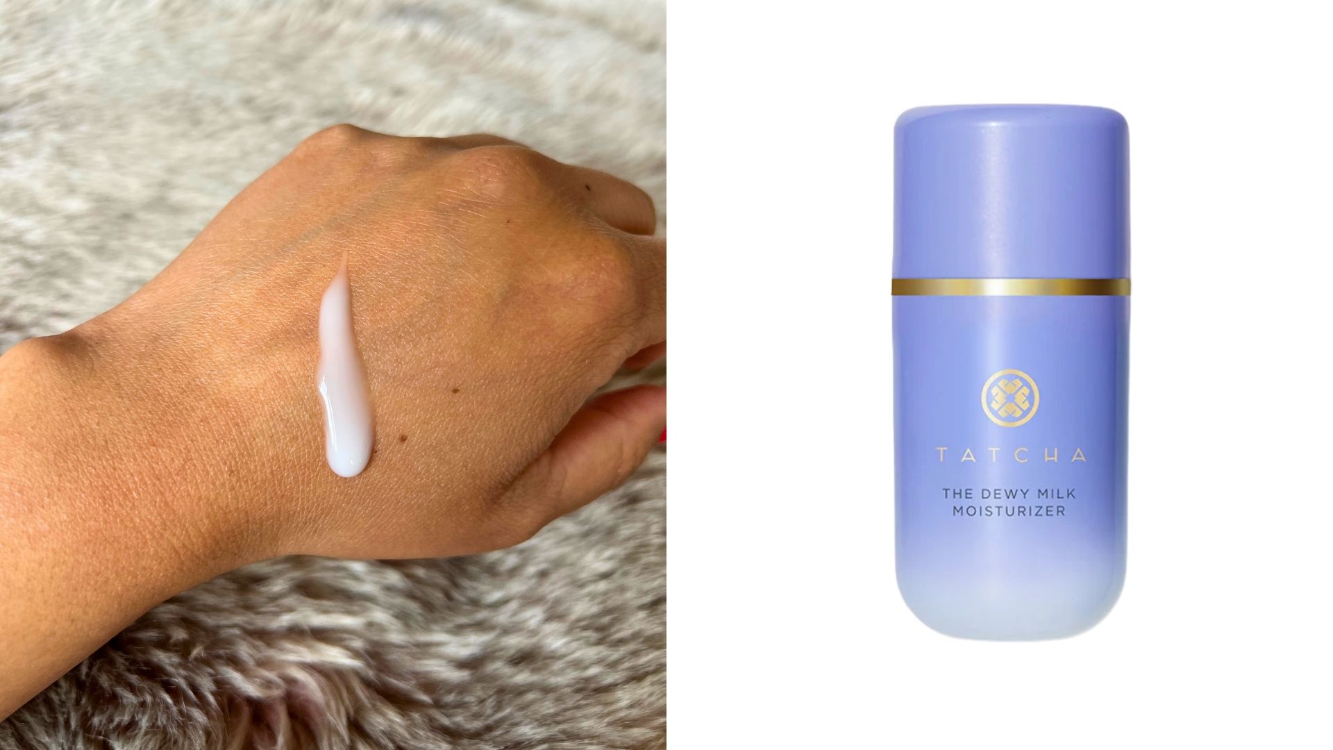A bottle of the Tatcha Dewy Milk Moisturiser next to a drop of it on the back of Aleesha's hand