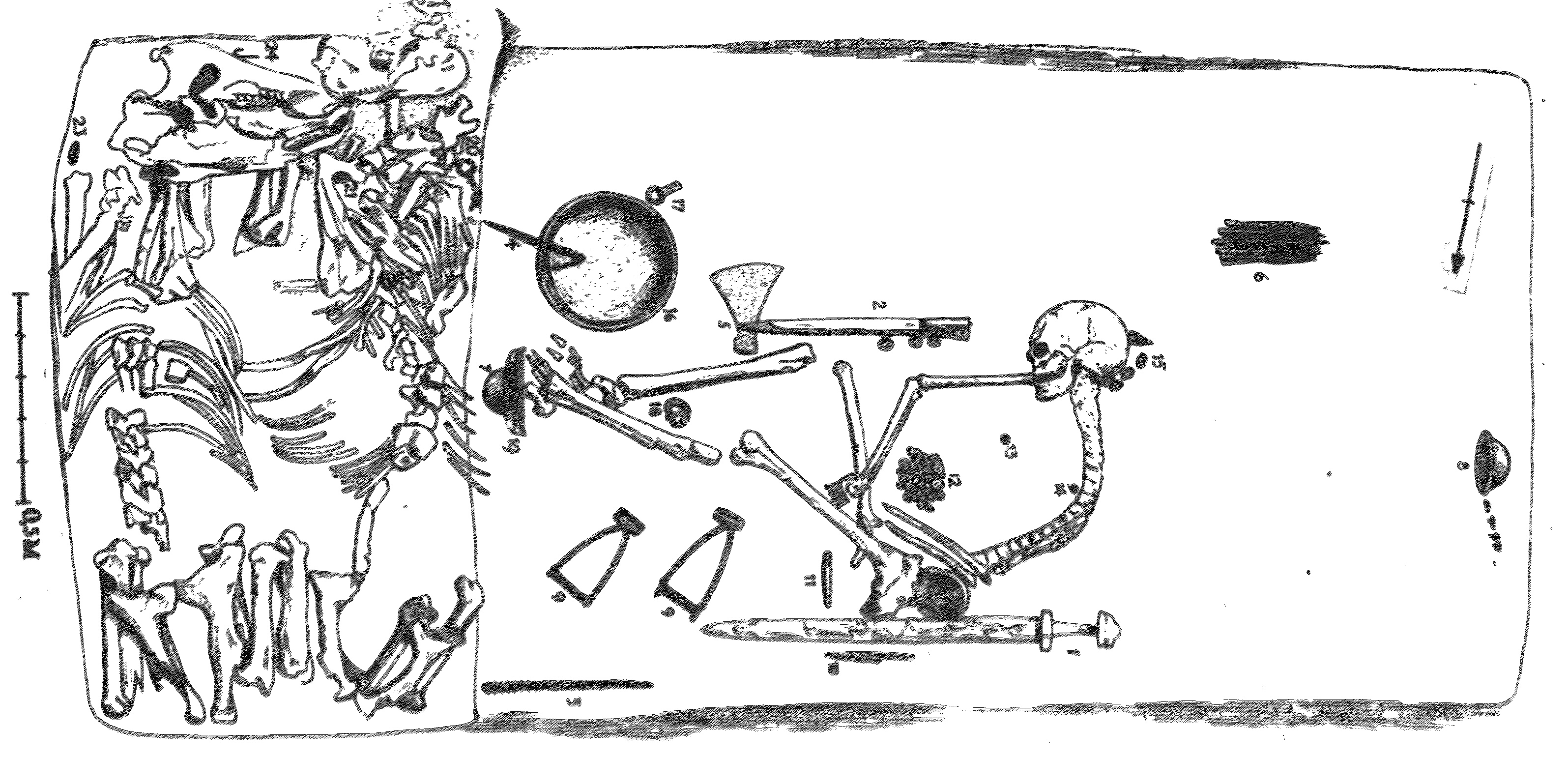 An illustration of bones and goods scattered in a grave