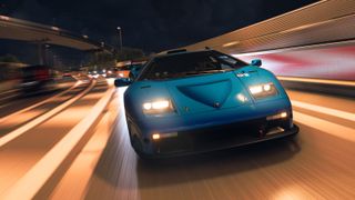 An official screenshot of a nighttime highway race in Forza Horizon 6.