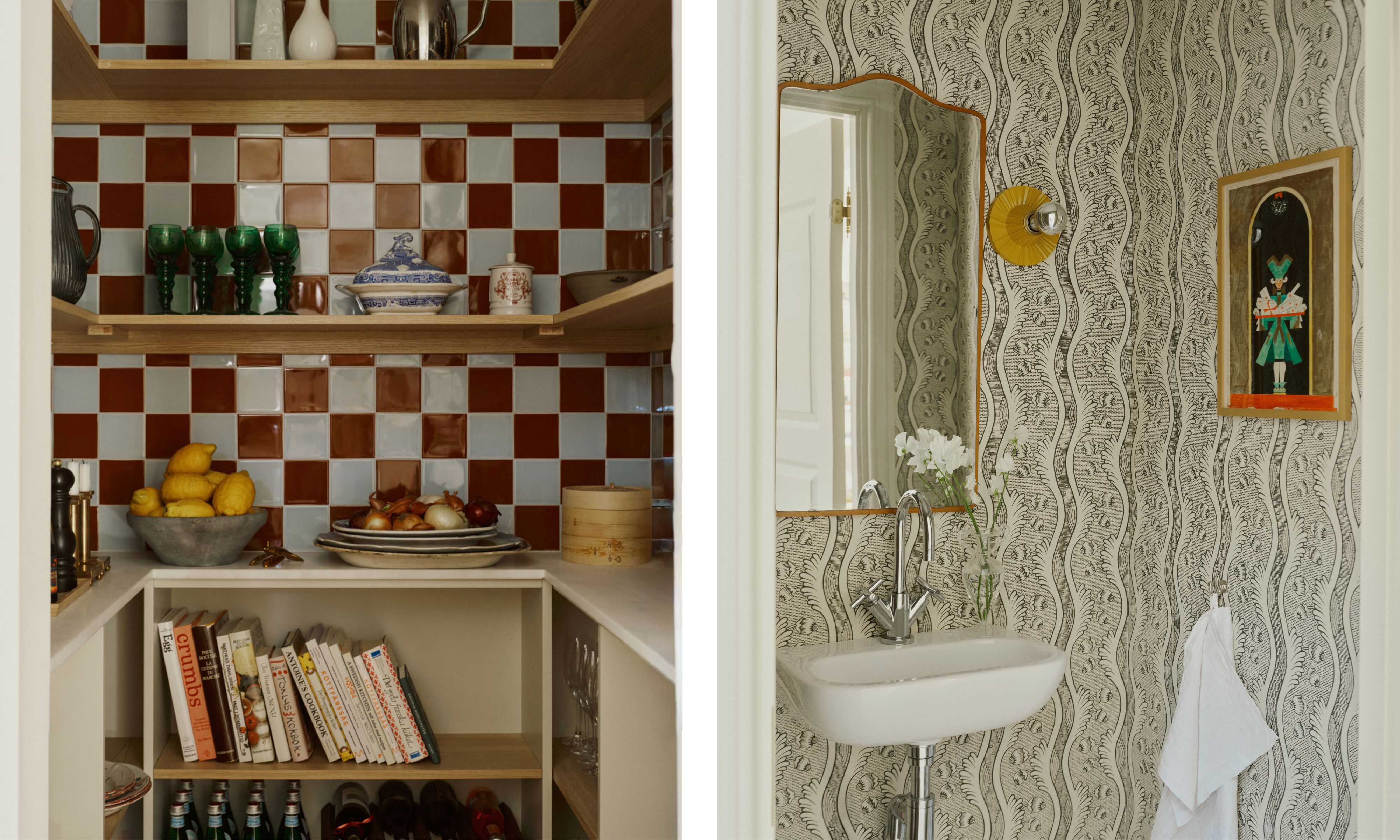 two side by side images of a glossy tiled pantry and a wallpapered powder room