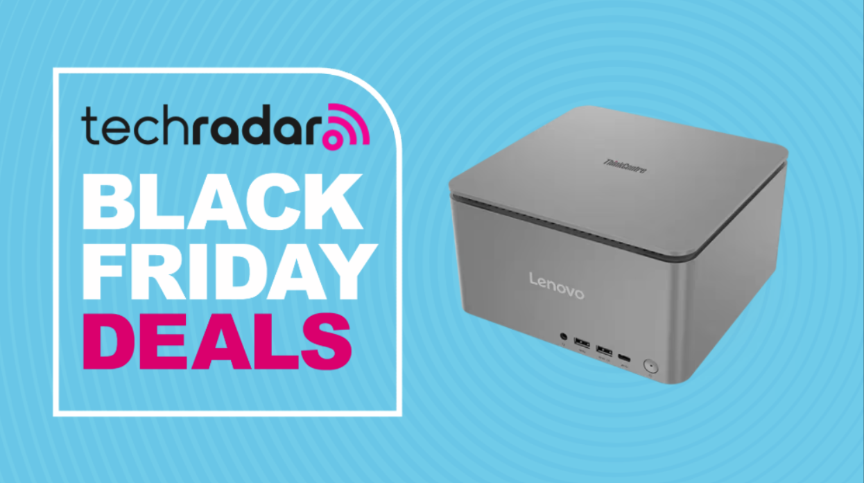 Lenovo ThinkCentre Neo Ultra on a light blue background next to a TechRadar badge reading 'Black Friday deals'