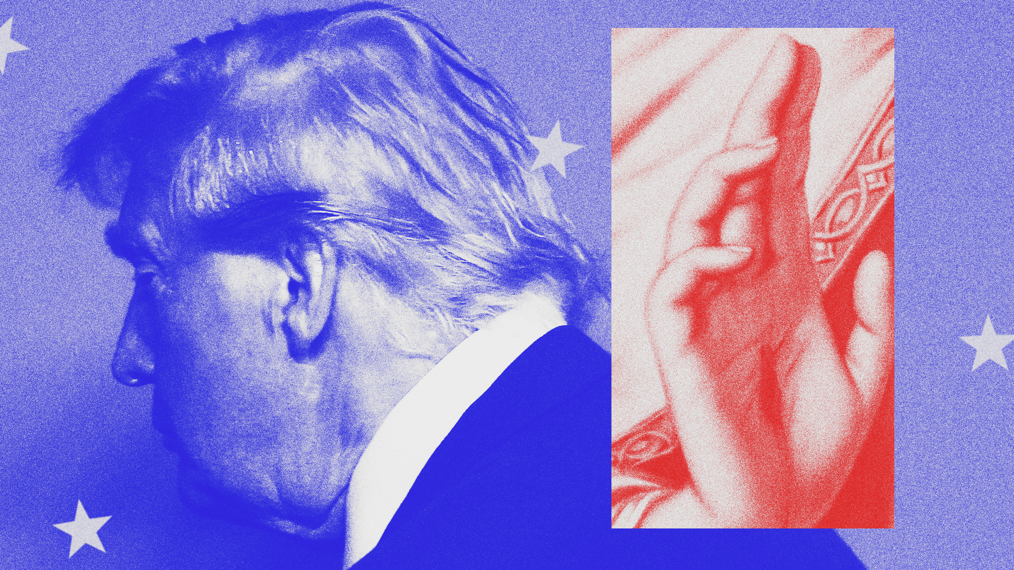 Photo composite illustration of Donald Trump and detail of Jesus gesturing a blessing