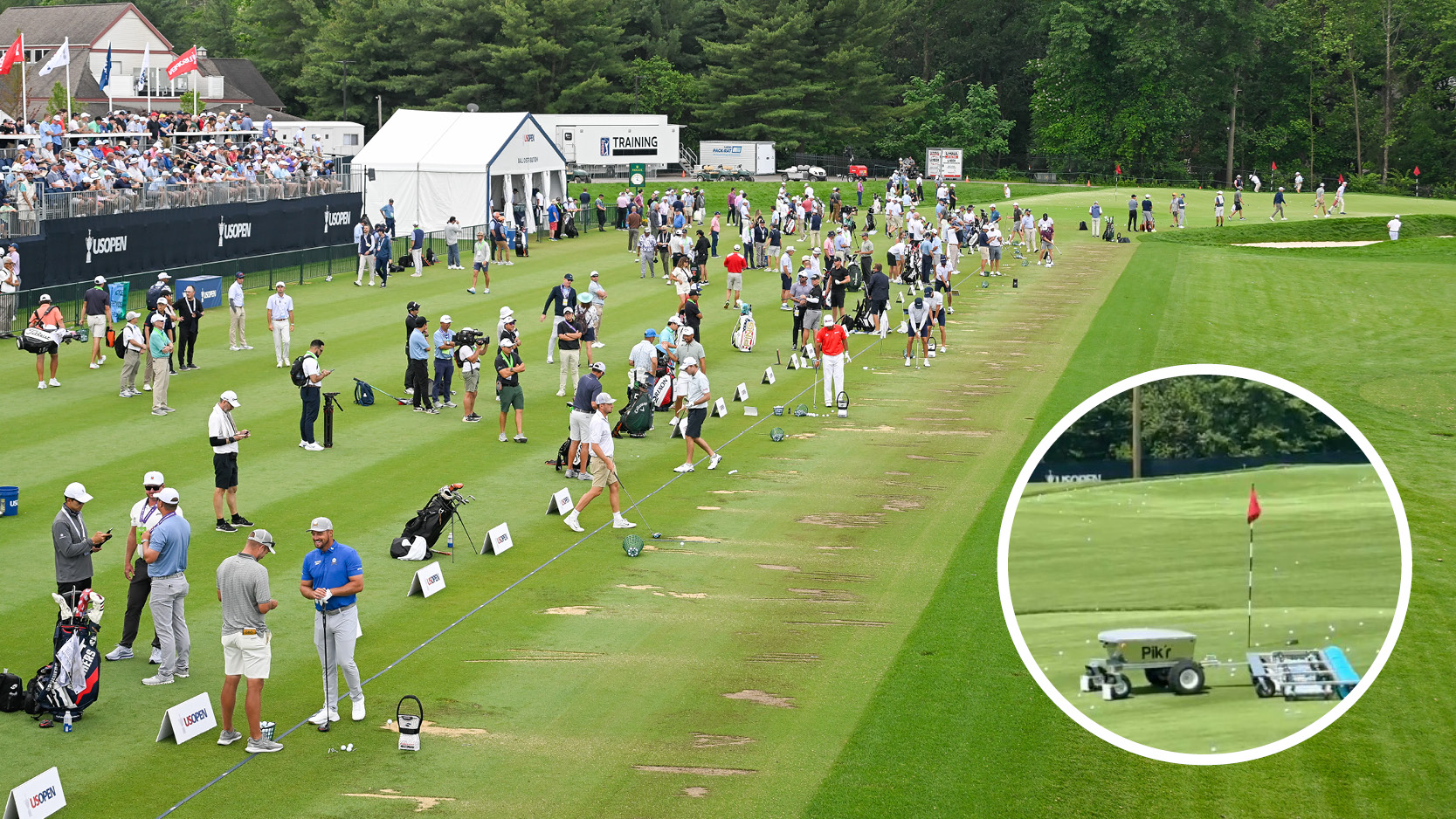 Golfers hit golf balls on the range, while a golf ball robot picks up golf balls